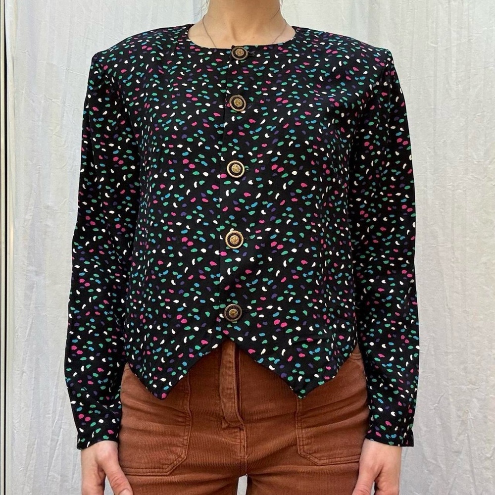 Navy and Pink, Purple, White,‎ Teal Polka Dot Vintage 80s Button Down Blouse